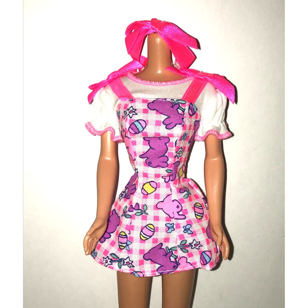 Barbie Doll Clothing 1996 Easter Pink Gingham Bunny & Egg Dress & Headband 16315